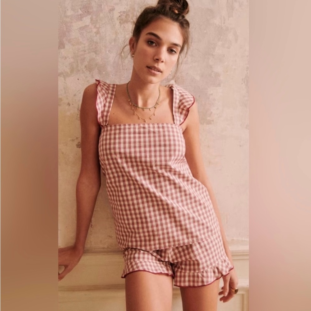 Sezane Voilette Pajama Set Pink and Green Check Top and Ruffle Short Size 12